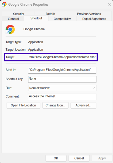 Fig. 1. Legitimate LNK file for Chrome showing the target as chrome.exe-3