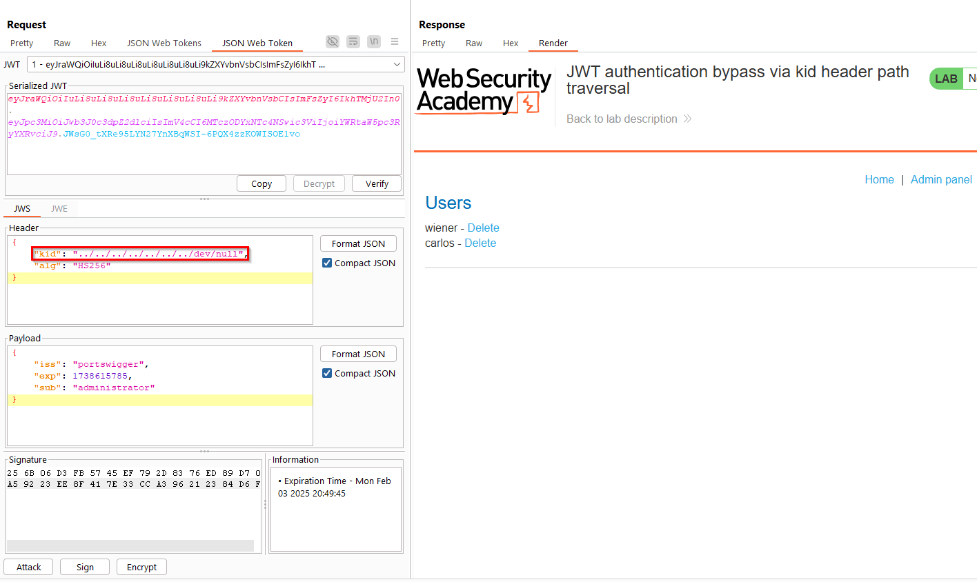 Figure 4 shows a modified kid that was signed as NULL (00), which allowed us to sign our own JWT as an administrator and access the admin page shown to delete users