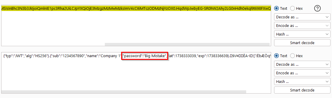 Figure 2 example of a password in JWT which can be seen after Base64 Decoding 